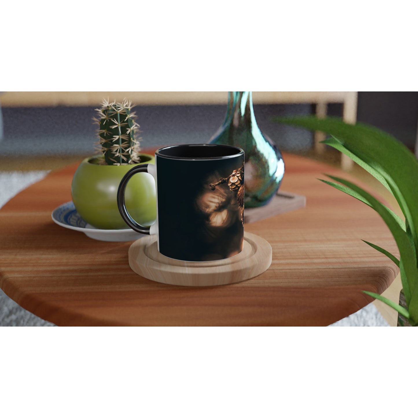 Krus med sort innside og hank og motiv "Wonders" og tekst "Du er verdifull"