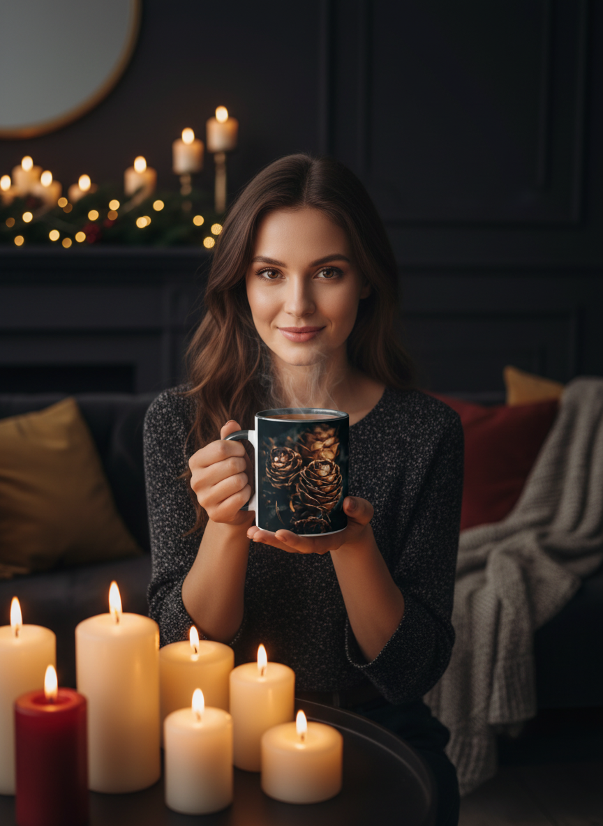 Krus med svart innside og hank - motiv "Pinecone love" uten tekst