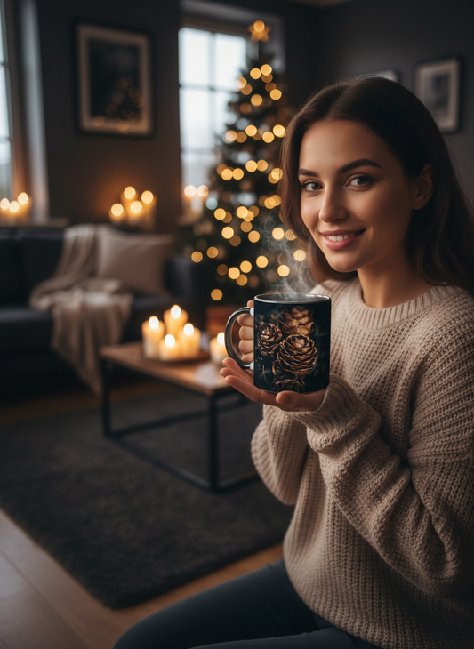 Krus med svart innside og hank - motiv "Pinecone love" uten tekst