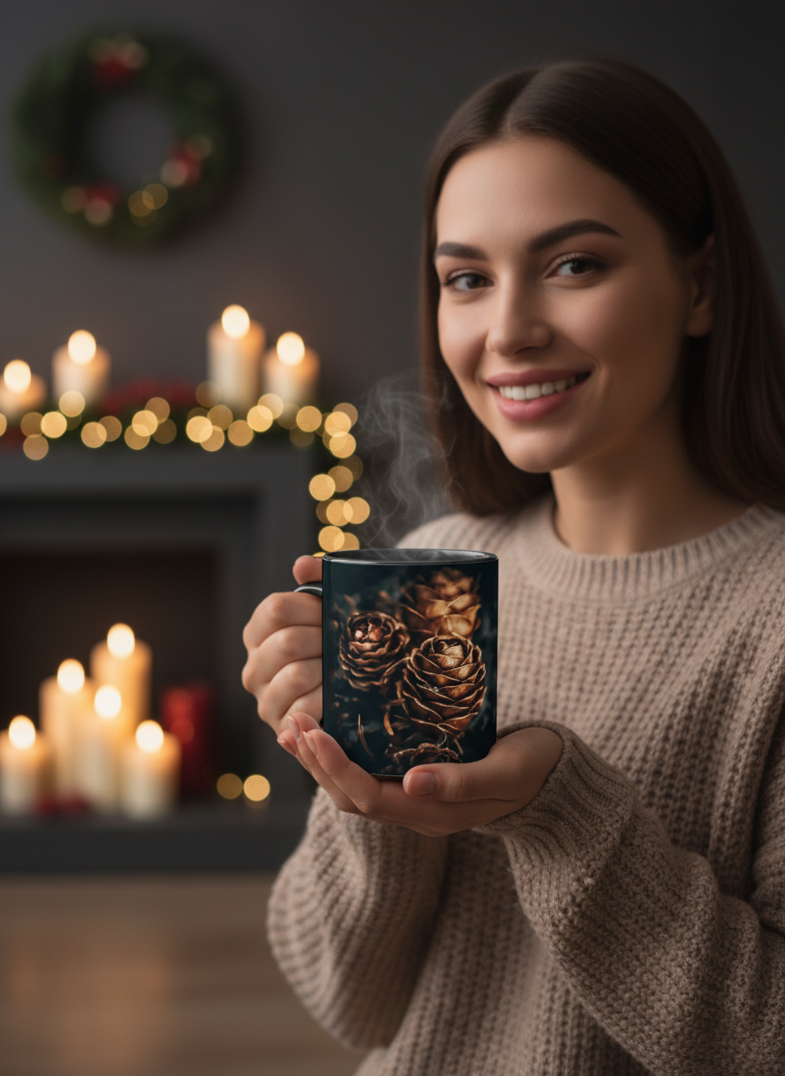 Krus med svart innside og hank - motiv "Pinecone love" uten tekst