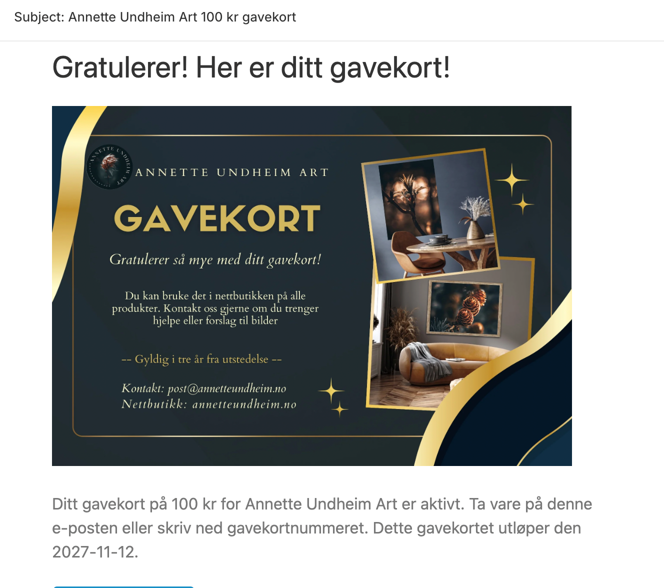 Gavekort - Annette Undheim Art - digitalt